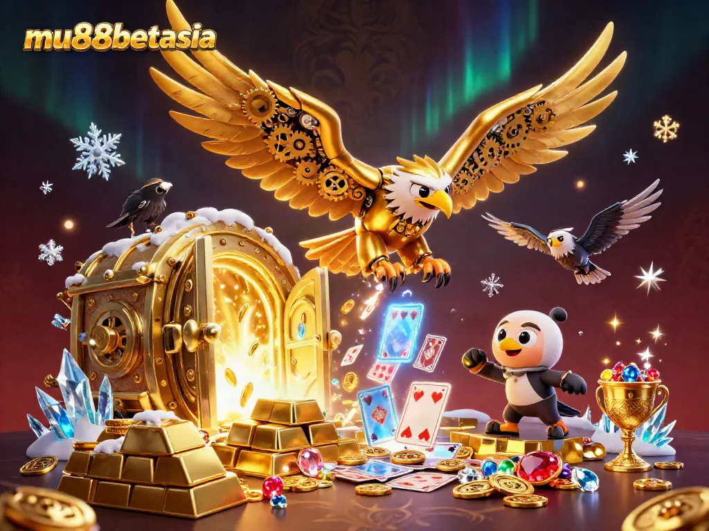 Experience the excitement of mu88betasia with a dynamic 3D illustration showcasing gaming elements and a golden eagle.