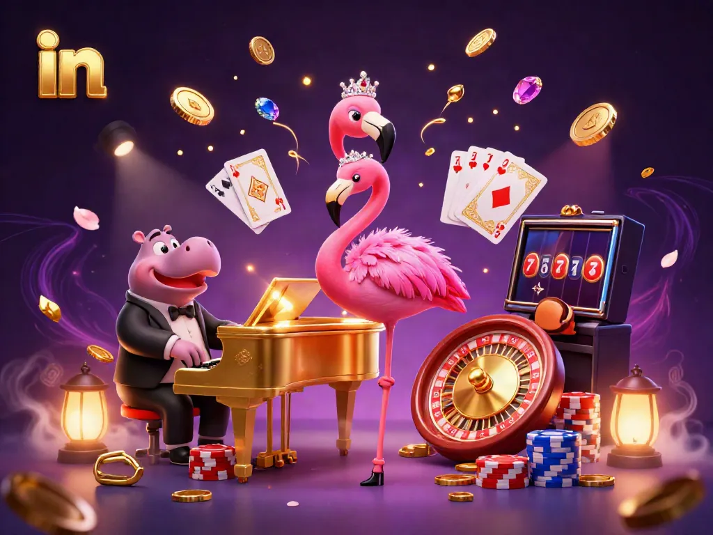 Experience exciting gameplay in a vibrant casino scene with flamingo singer and colorful poker elements.