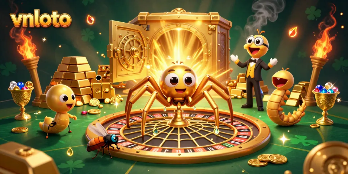 Experience the thrill of betting with vnloto in a vibrant 3D illustration featuring a golden web roulette and dynamic characters.