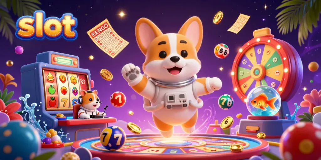 Slots scene with a corgi, hamster, and goldfish in zero gravity surrounded by vibrant casino symbols.
