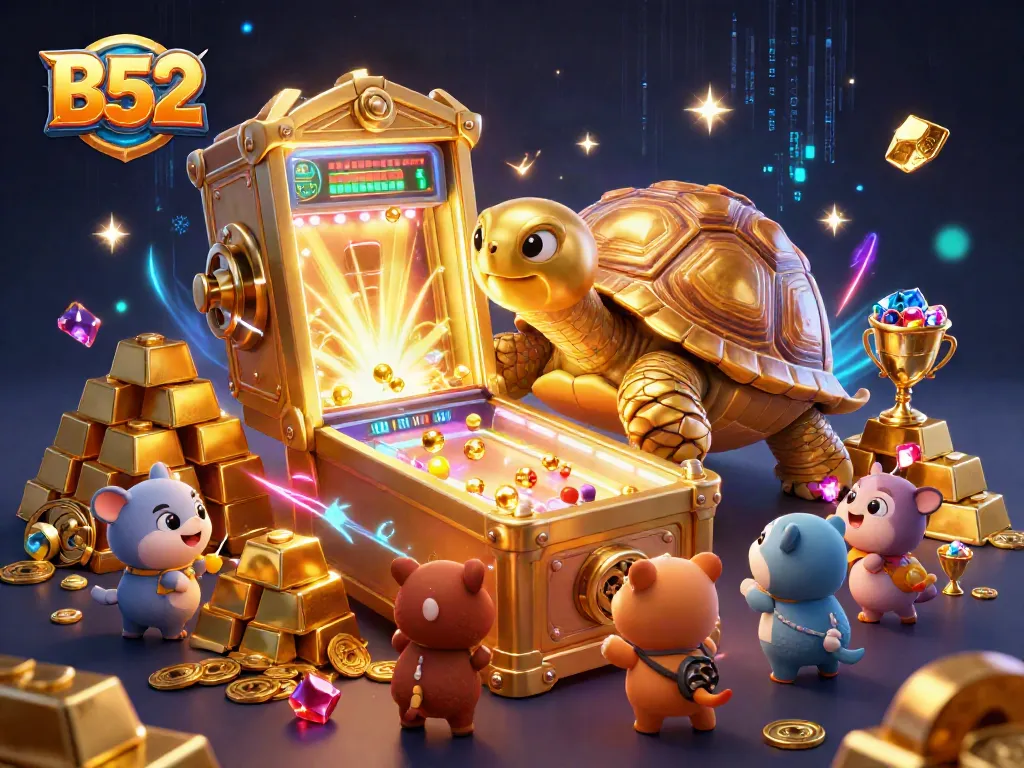 Experience the excitement of B52 in a vibrant casino scene with a golden tortoise pinball machine.