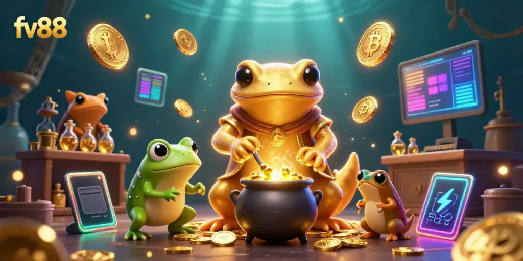 Experience the excitement of fv88 with a dynamic 3D illustration of alchemists transforming fortunes.