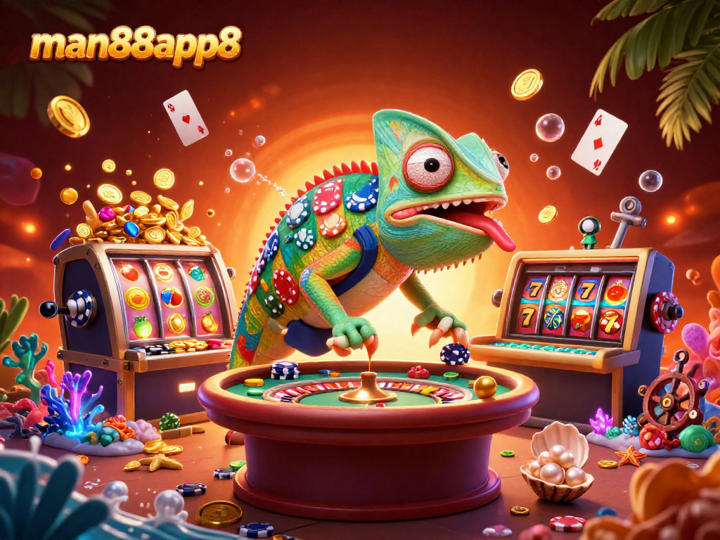 man88app8 engages players with a vibrant casino scene featuring a colorful chameleon and slot reels.