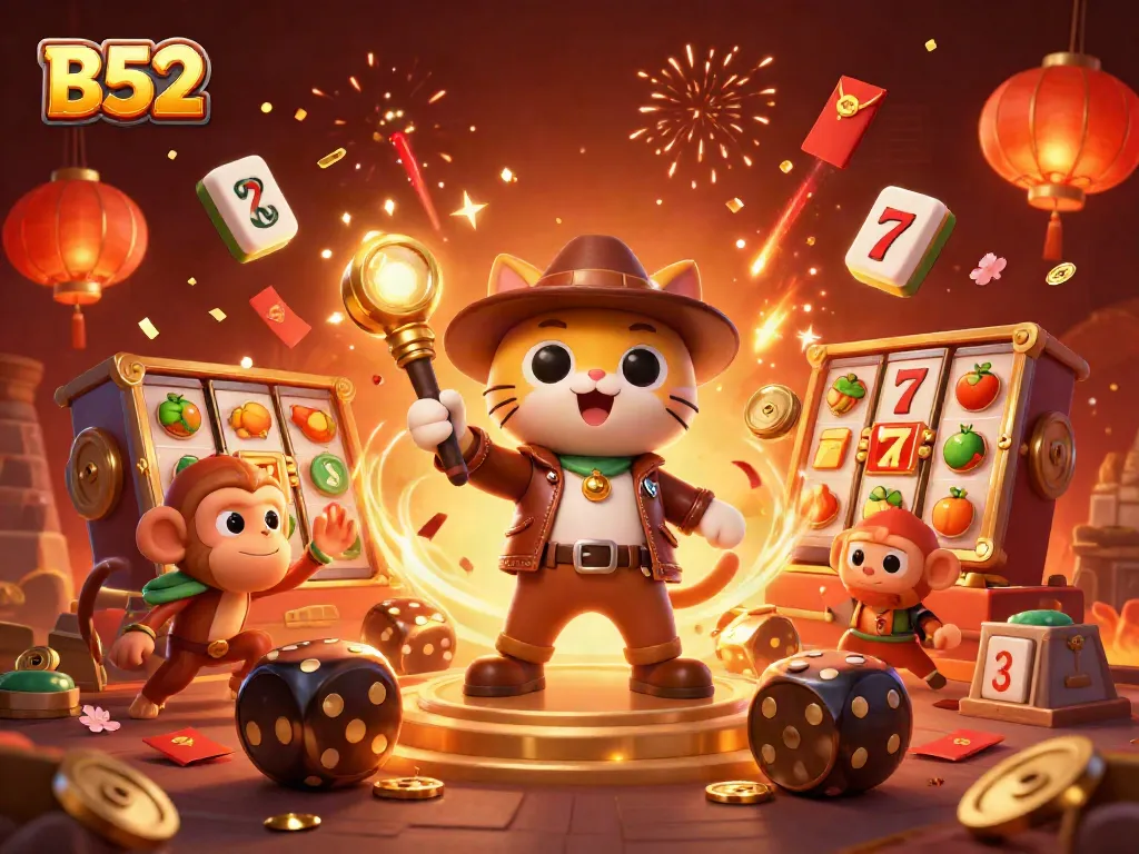 B52 slots game scene showcasing a cat explorer and monkey amidst vibrant casino elements.