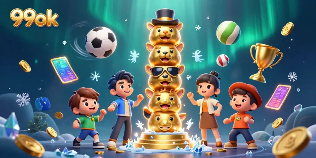 Experience fun with 99ok featuring a joyful cartoon totem pole surrounded by vibrant sports elements.