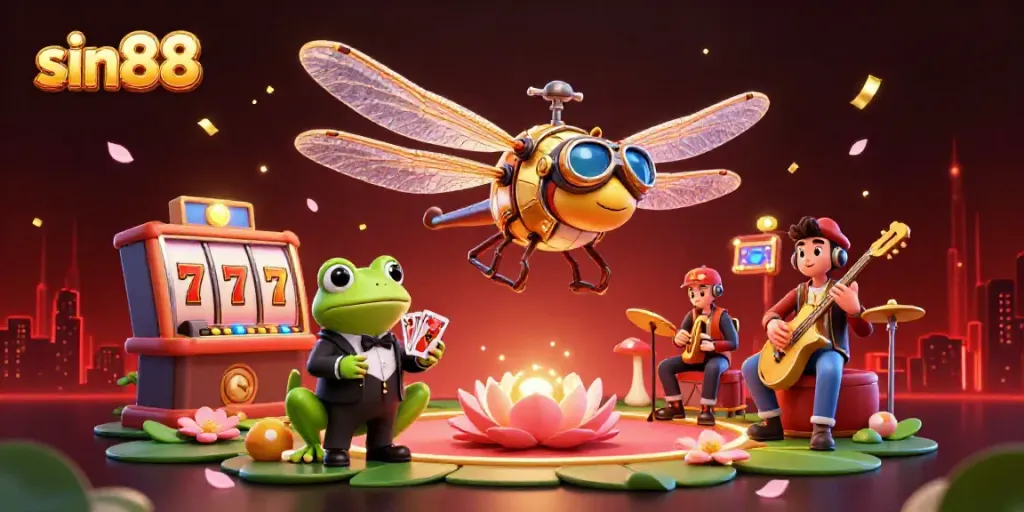 Experience thrilling wins with sin88 at a vibrant lily pad casino, featuring a dragonfly pilot and frog croupier.