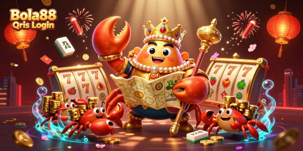 Bola88 Qris Login with a golden crab emperor and casino elements in an energetic 3D illustration