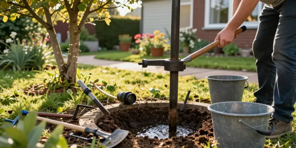 Brunnenbohrer im Einsatz zur Wasserentnahme im Garten.