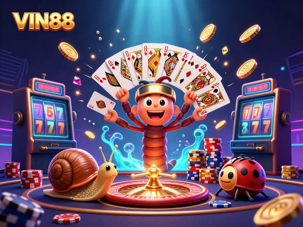 VIN88 interactive casino scene featuring colorful characters and thrilling game elements.