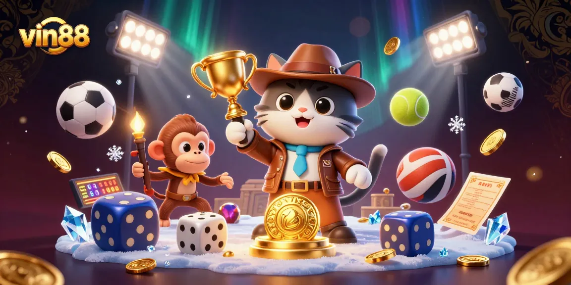 Experience the thrill of vin88 with a cat explorer finding casino treasures amidst dynamic game elements.