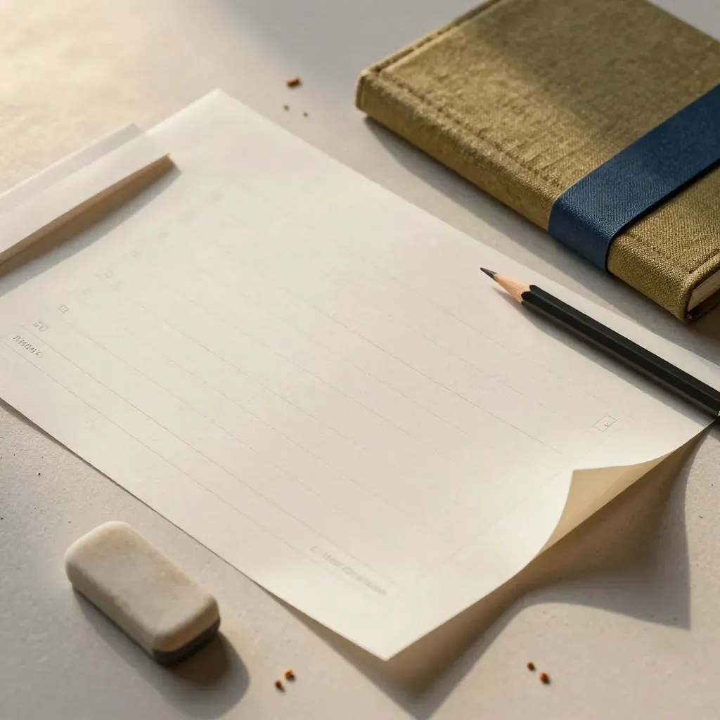 Überkopfaufnahme von geordneten Layoutbögen, Bleistift, Radiergummi und Leinenheft mit Papierstaub