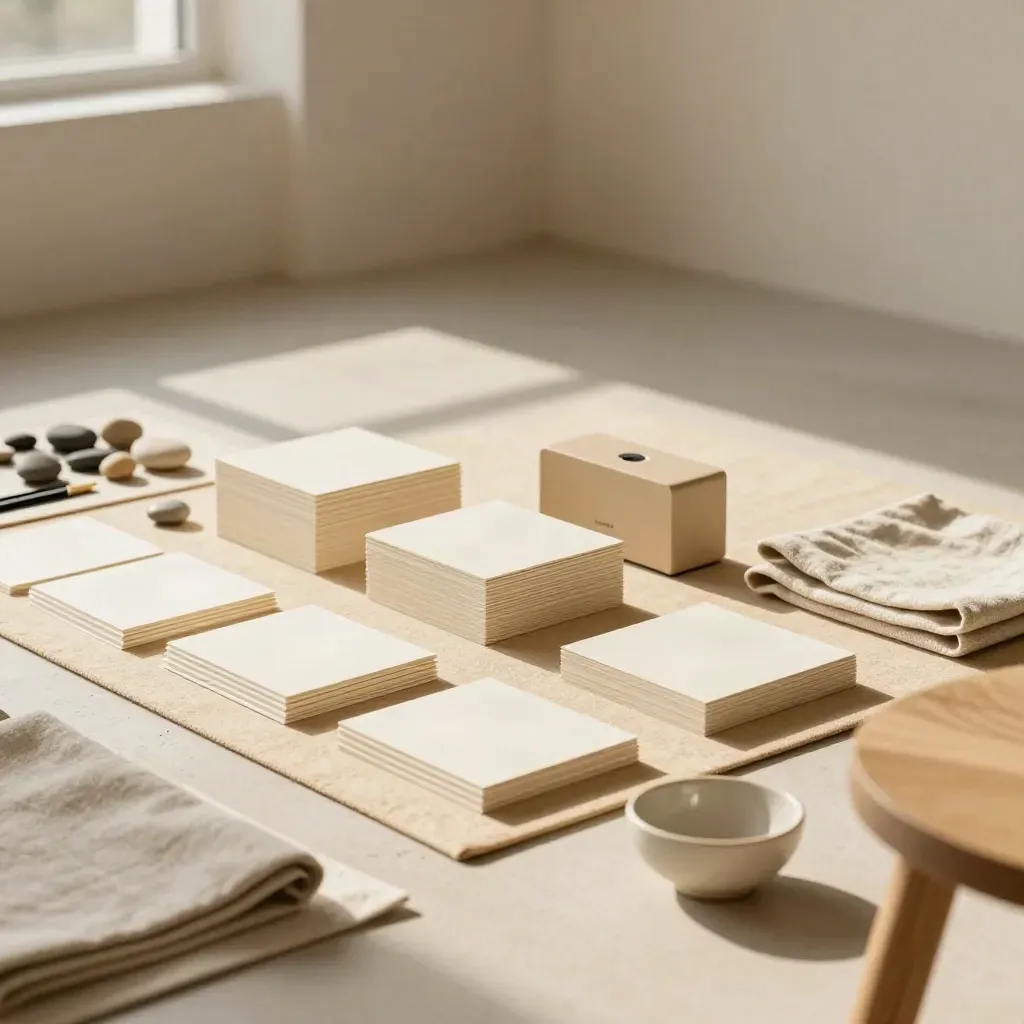 Workshop-Setup mit Karten, Steinen, Timer, Matten, Stiftkappen und Keramikschale in heller Ecke