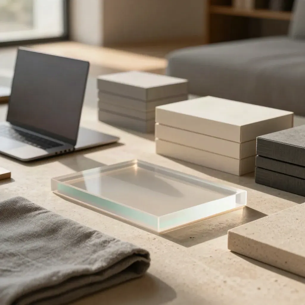 Aufgeräumter Launch-Bereich mit Laptop, Acrylblöcken und neutralen Modulen in Mint-Akzent.