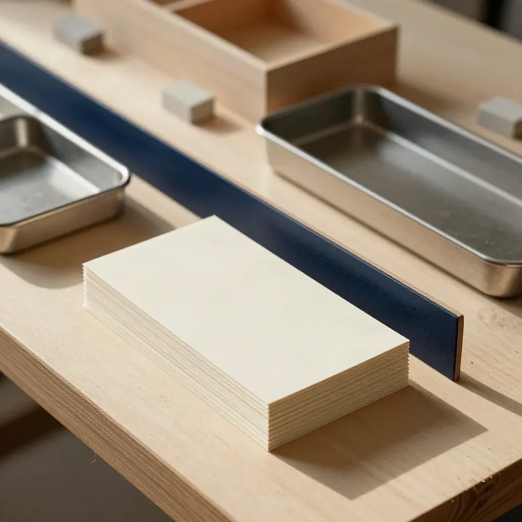 Sortierte Workshop-Karten, Boxen und Steinmarker auf einem aufgeräumten Werkstatttisch