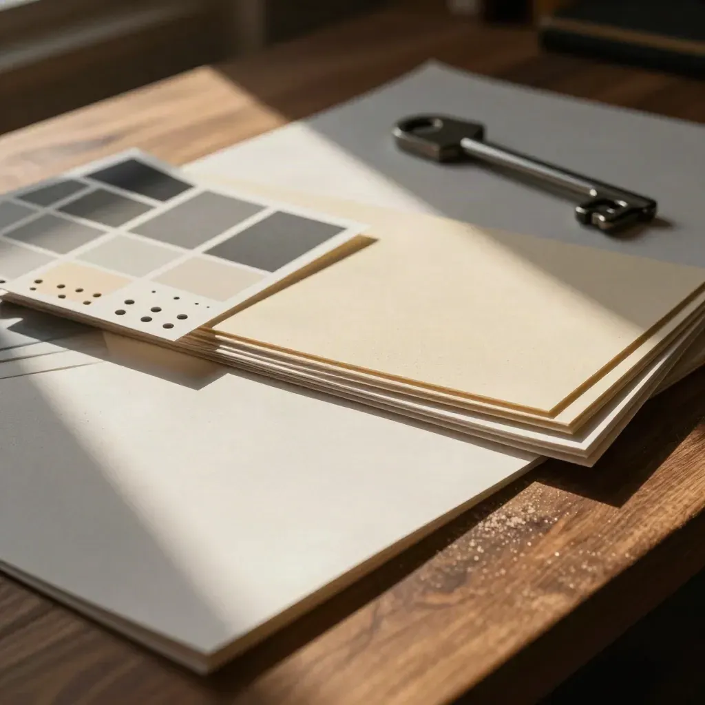 Farbkarten, Papierformen und Metallclip auf warmem Studioboard im dramatischen Licht
