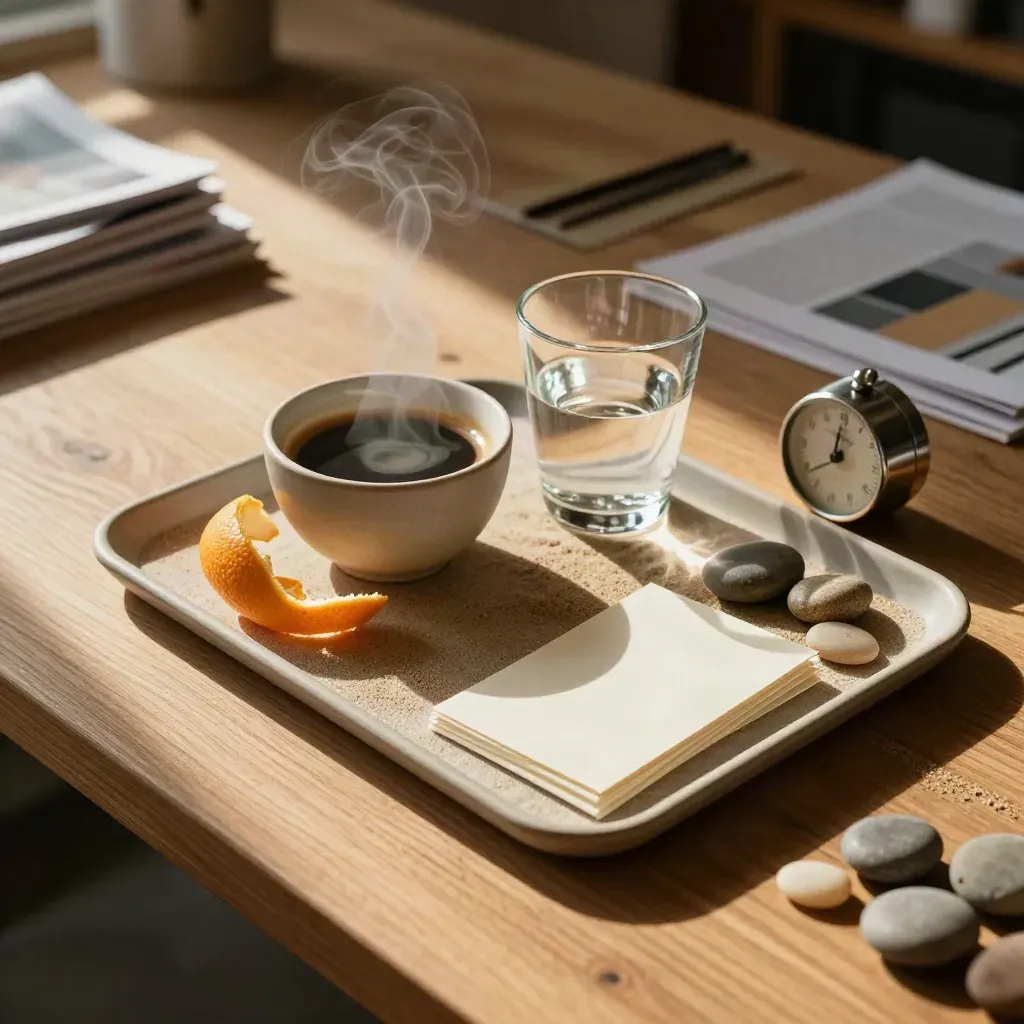 Workshop-Pause mit Kaffeeschale, Wasserglas, Zitrusschale, Karten und Timer auf Sandton.