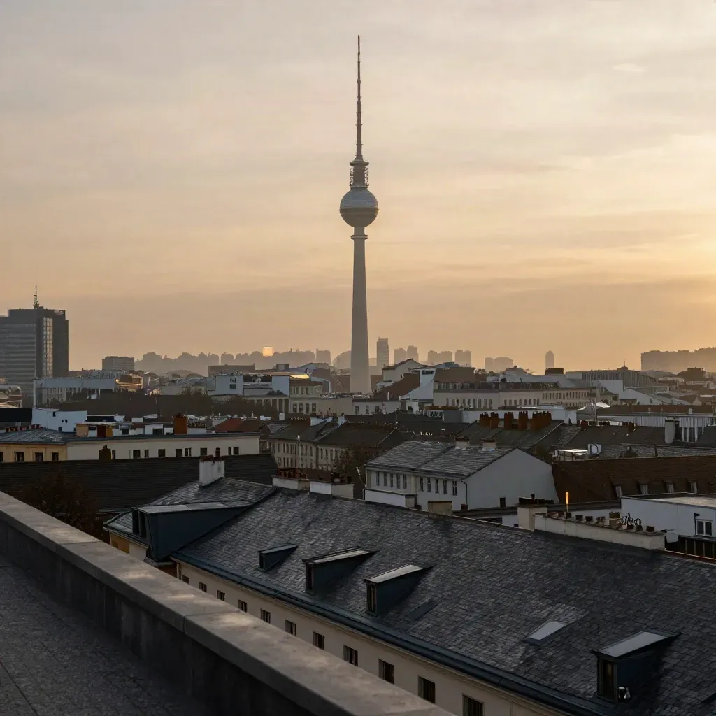 Berlin bei Dämmerung mit Fernsehturm, Dunst und ruhigem Himmel für Textfläche