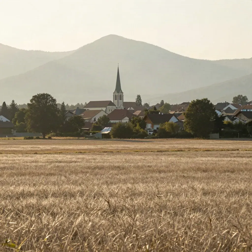 Münchner Dachlinie im Dunst, Alpen am Horizont, ruhige Wiesenfläche darunter