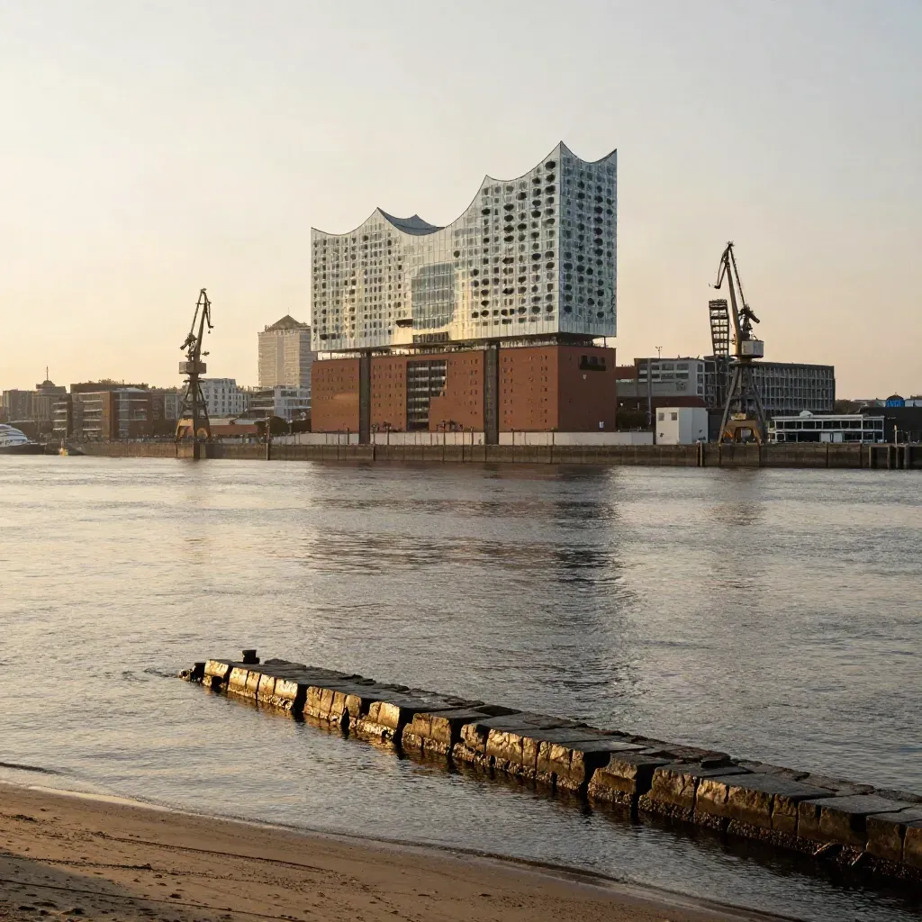 Hamburg im Goldlicht mit Elbphilharmonie, Hafenkränen und ruhiger Wasserfläche