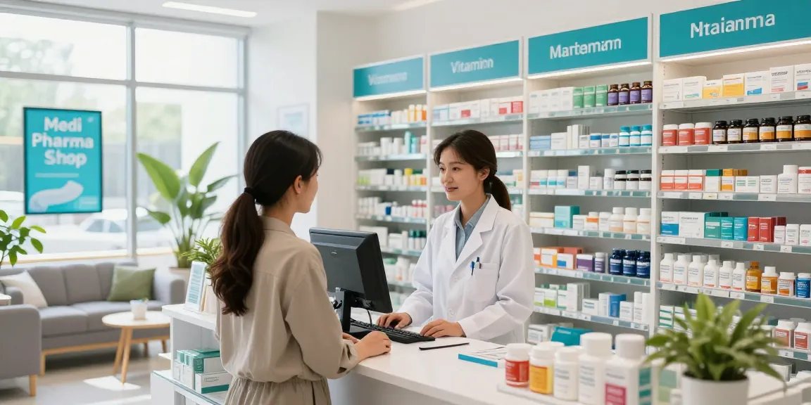 Kundeninteraktion im Medi Pharma Shop mit Apotheker in einer hellen Apotheke.