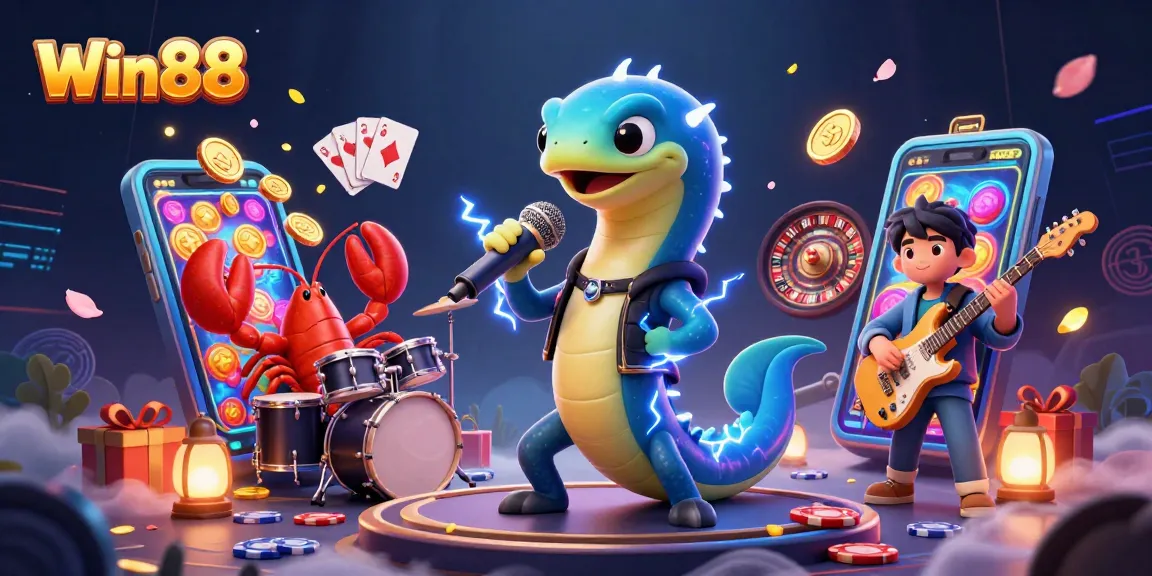 Win88 features a lively casino scene with an electric eel DJ, lobster drummer, and seahorse guitarist.
