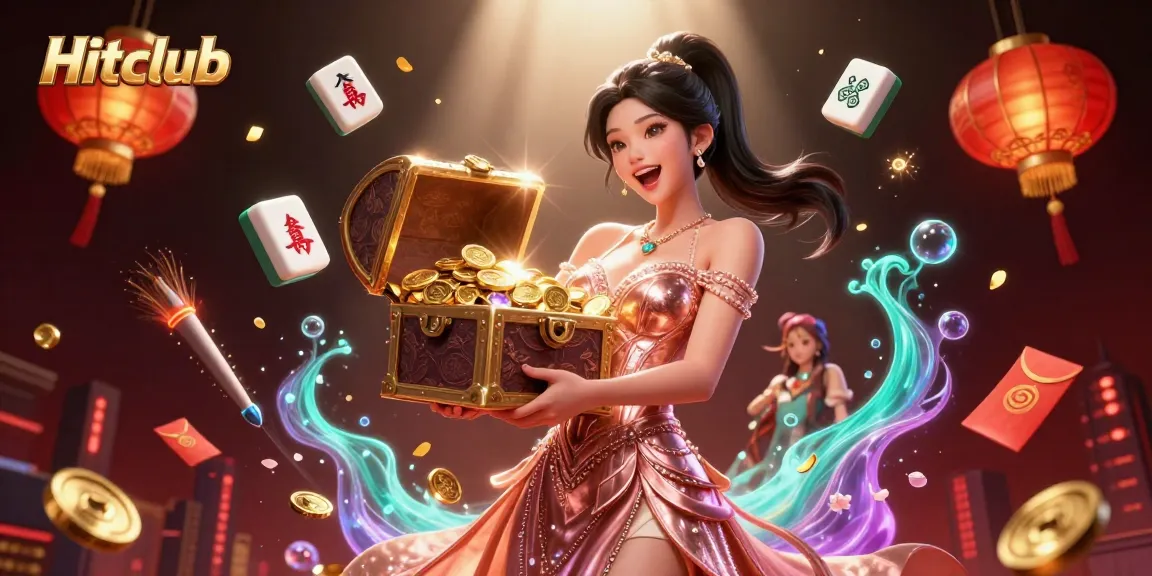 Engage with Hitclub's vibrant gameplay featuring a joyful woman showcasing treasures of luck and excitement.