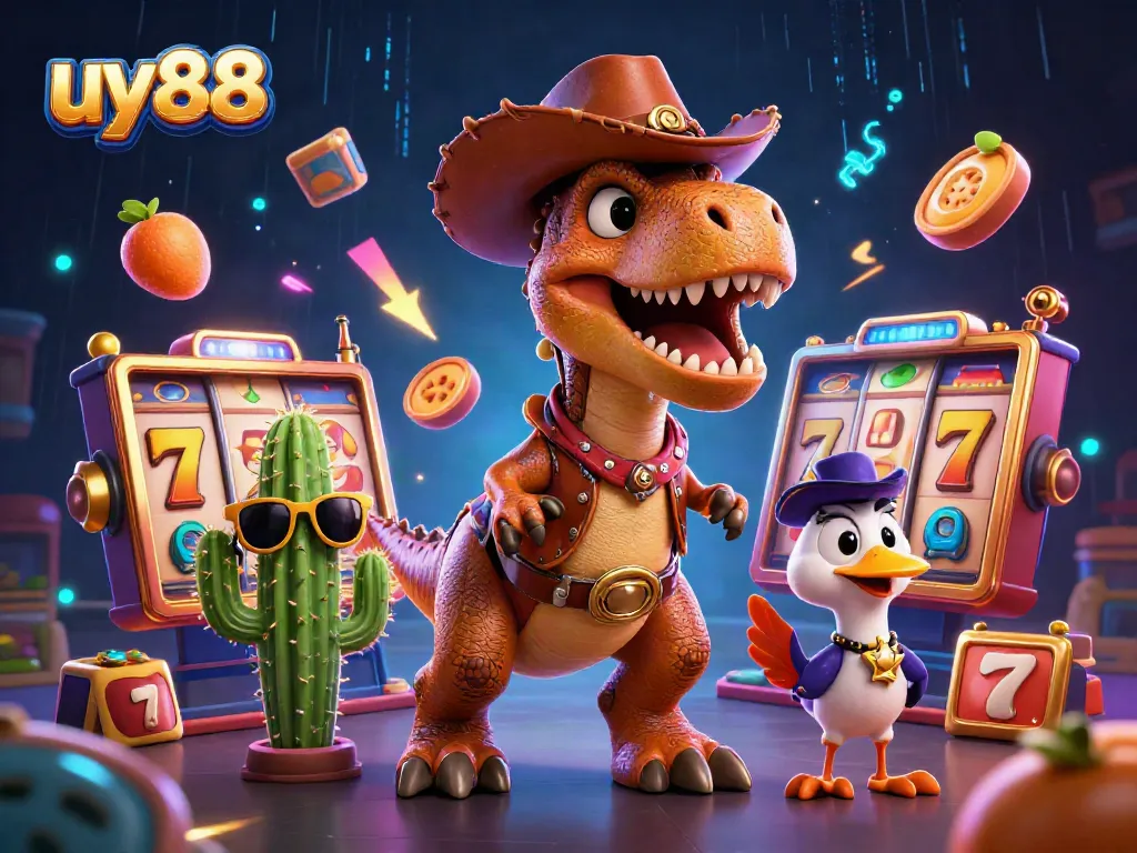 Experience high-stakes gambling with uy88 as cowboy dinosaur T-Rex spins the slot reels