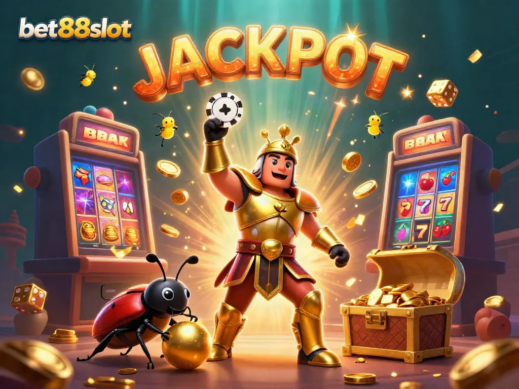 Experience big wins with bet88slot, featuring a victorious hercules beetle amidst a jackpot explosion of coins and lights.