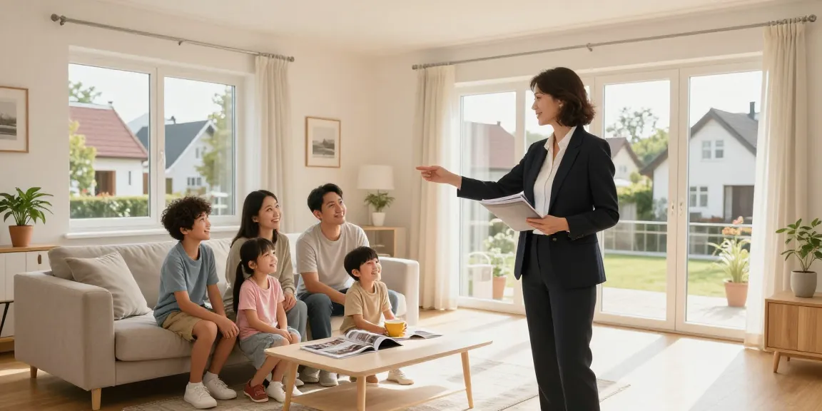 Vertrauenswürdiger Immobilienmakler Wiesbaden zeigt eine Familie ein schönes Haus in der Stadt.