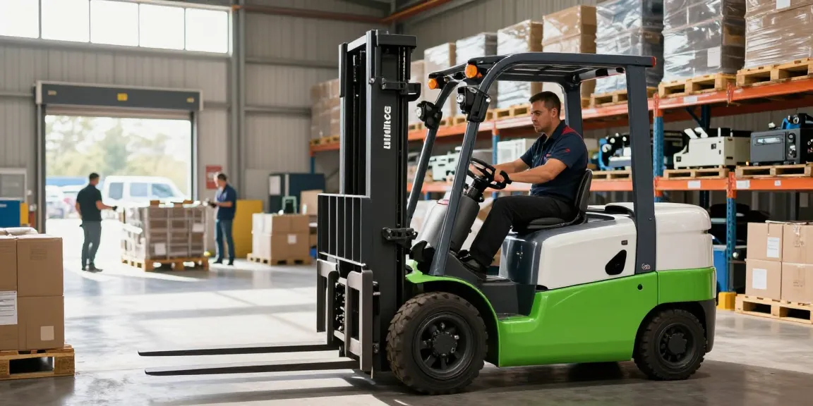 Linde Gabelstapler gebraucht in einem geschäftigen Lager, das seine Effizienz im Materialhandling zeigt.