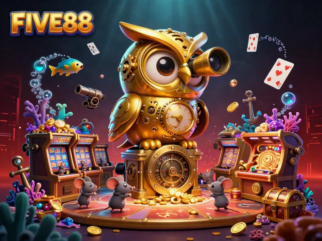 FIVE88 showcases a 3D golden owl scanning a vibrant casino floor amidst lively game elements, capturing thrilling moments.