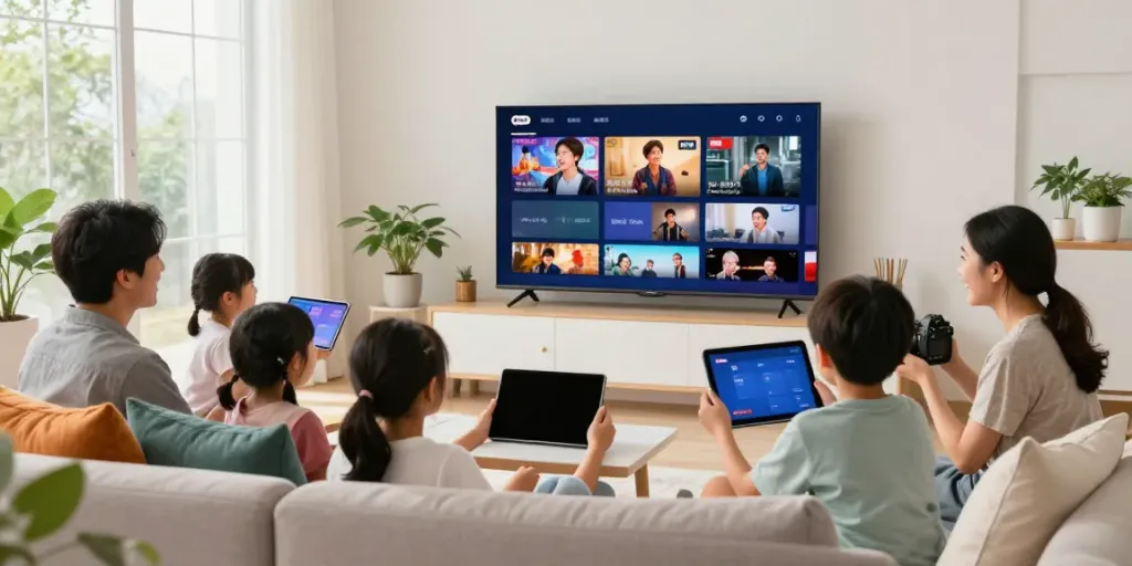 Familie nutzt deutsch iptv auf Smart TV und Tablets im modernen Wohnzimmer.