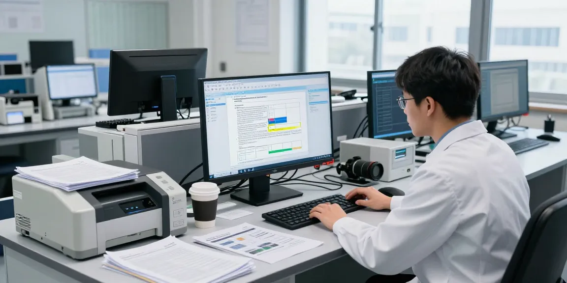 Forensic analyst examining document fraud detection results on a computer screen, highlighting discrepancies.
