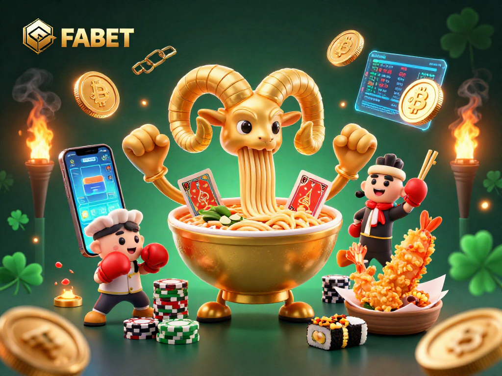 FABET players enjoy thrilling games with vibrant casino characters and crypto symbols.