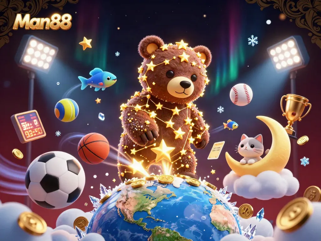 Man88 sports betting illustration with a constellation bear and vibrant game elements.