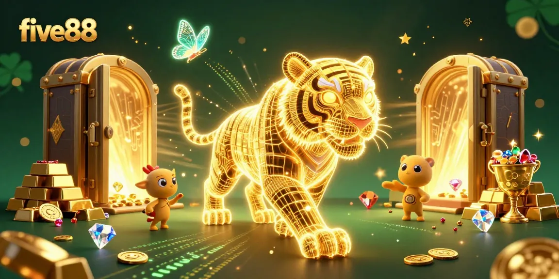 Experience thrilling gameplay at five88 with a neon-wireframe tiger and digital treasures.