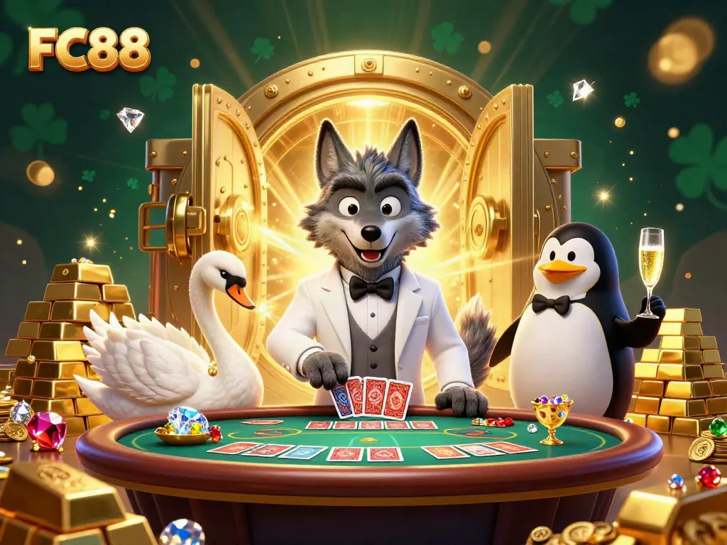 Experience the thrill at FC88 with a lively baccarat scene featuring a wolf, swan, and penguin.