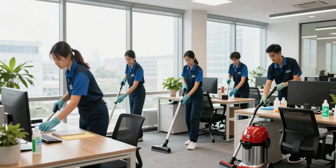 Professionelle Gebäudereinigung Düsseldorf mit geschulten Reinigungskräften in einem modernen Büro.