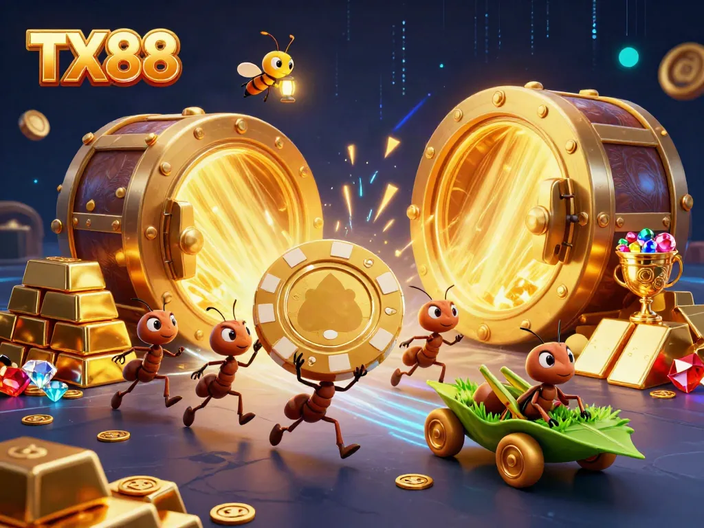 TX88 ants carry golden poker chip in a heist scene filled with treasure and casino elements.