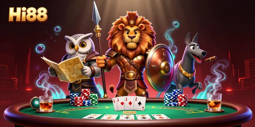 Experience the thrill of Hi88 as the Spartan lion, owl strategist, and greyhound messenger gather around a vibrant poker scene.