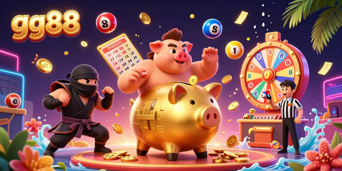 gg88 energizes players with a dynamic illustration of a golden piggy bank sumo wrestler amidst a playful casino scene.