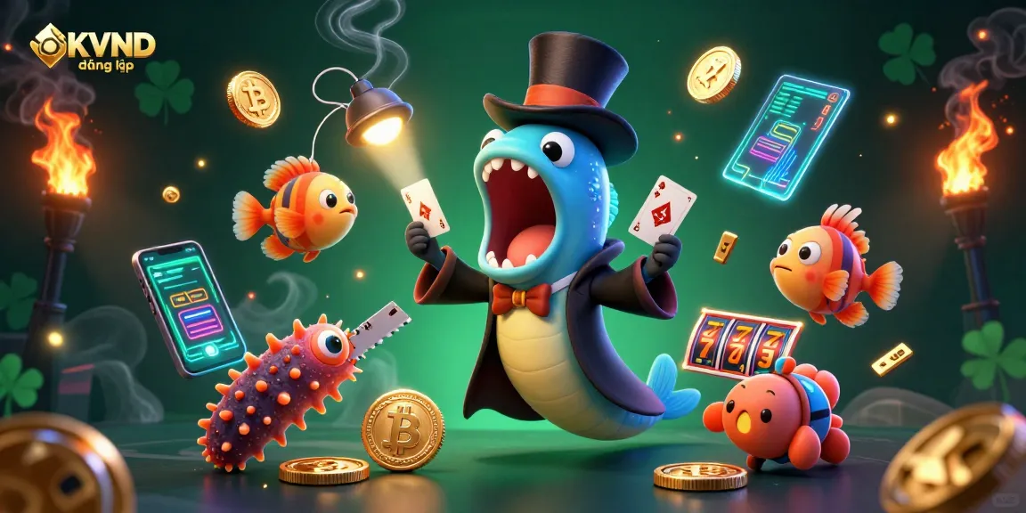 Engage in thrilling gameplay with OKVND đăng nhập as sea creatures perform magical card tricks amidst brilliant casino elements.
