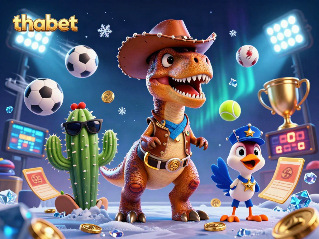 Thabet's vibrant illustration with a cowboy dinosaur and sports elements creates thrilling betting excitement.