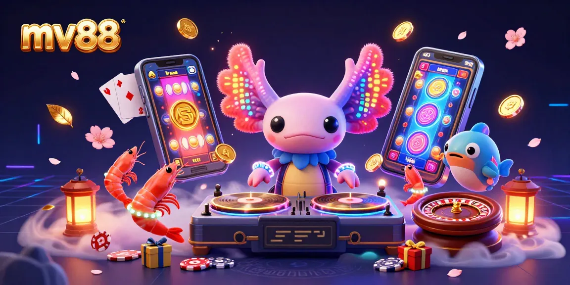 Engage with the vibrant mv88 casino scene featuring a neon axolotl DJ, lively shrimp dancers, and dynamic gaming elements.