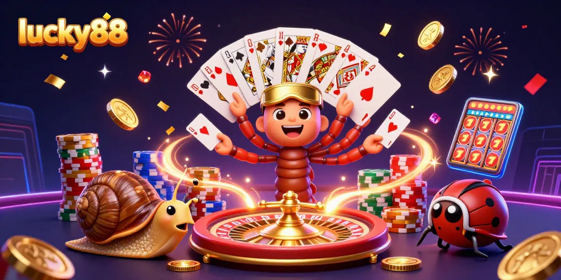 Engage with lucky88, featuring a cartoon millipede dealer and vibrant casino elements.