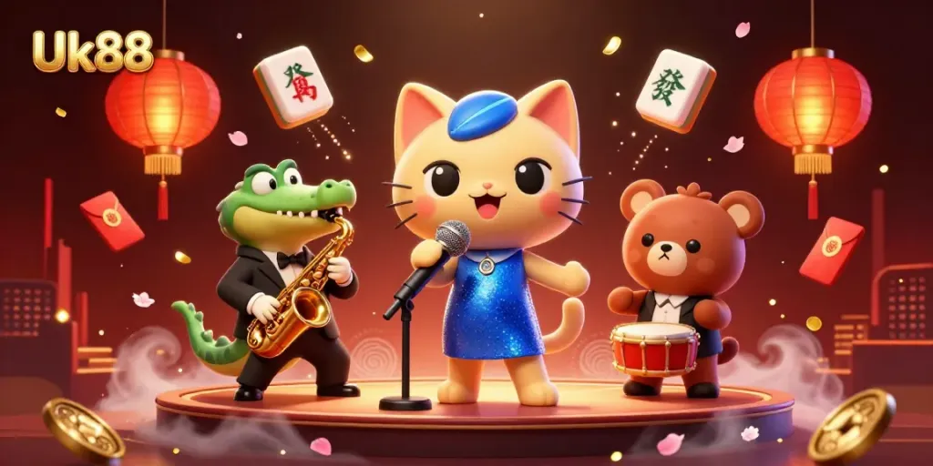 Engage with Uk88 at this lively casino scene featuring a jazz-singer cat and colorful elements.