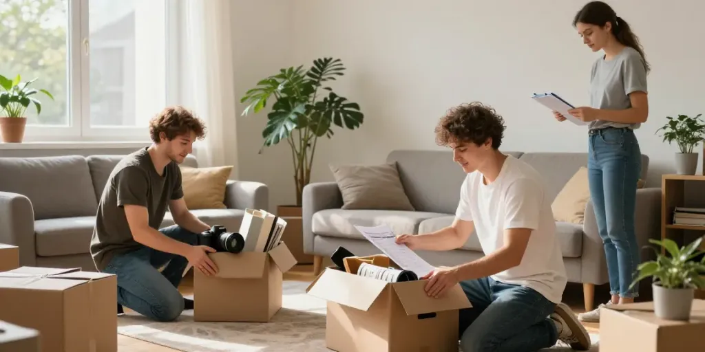 Professionelle Wohnungsauflösung Wien mit einem Team, das sorgfältig Möbel und Kartons sortiert.