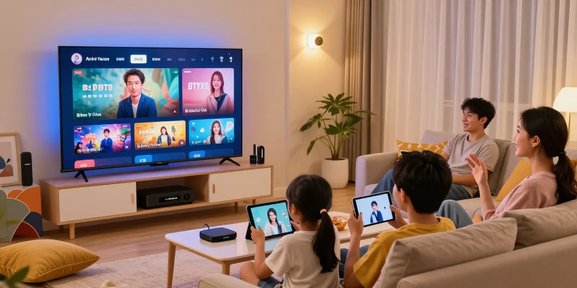 Familie genießt IPTV kaufen in 4K Qualität im modernen Wohnzimmer, lachend und entspannend.