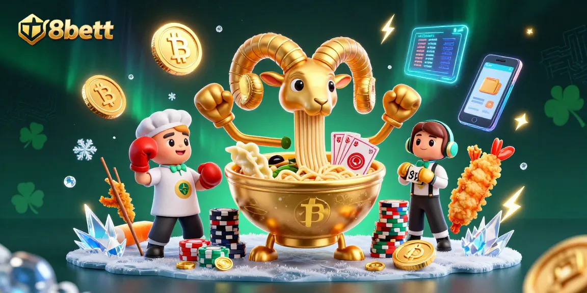 Engage with f8bettt's vibrant casino world featuring a golden ramen bowl and crypto elements.