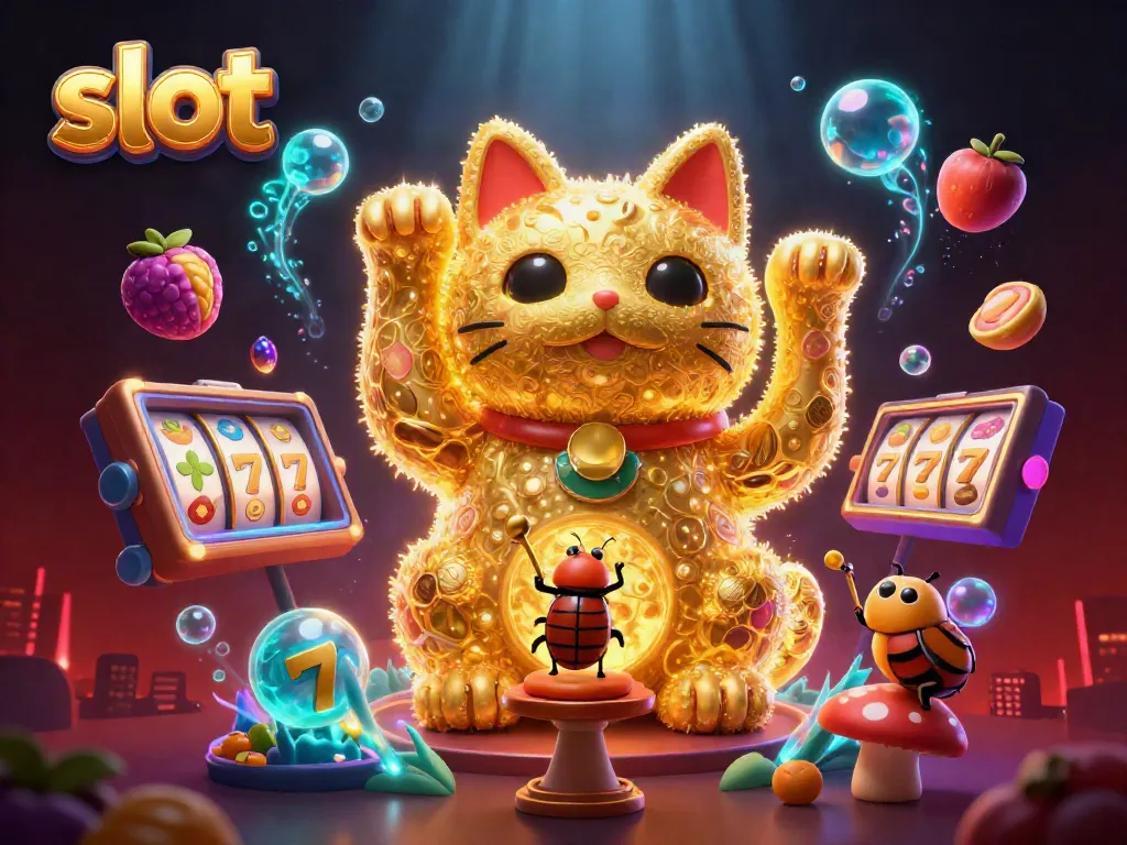 Engage in thrilling slot adventures with this vibrant 3D illustration featuring a lucky cat and casino symbols.